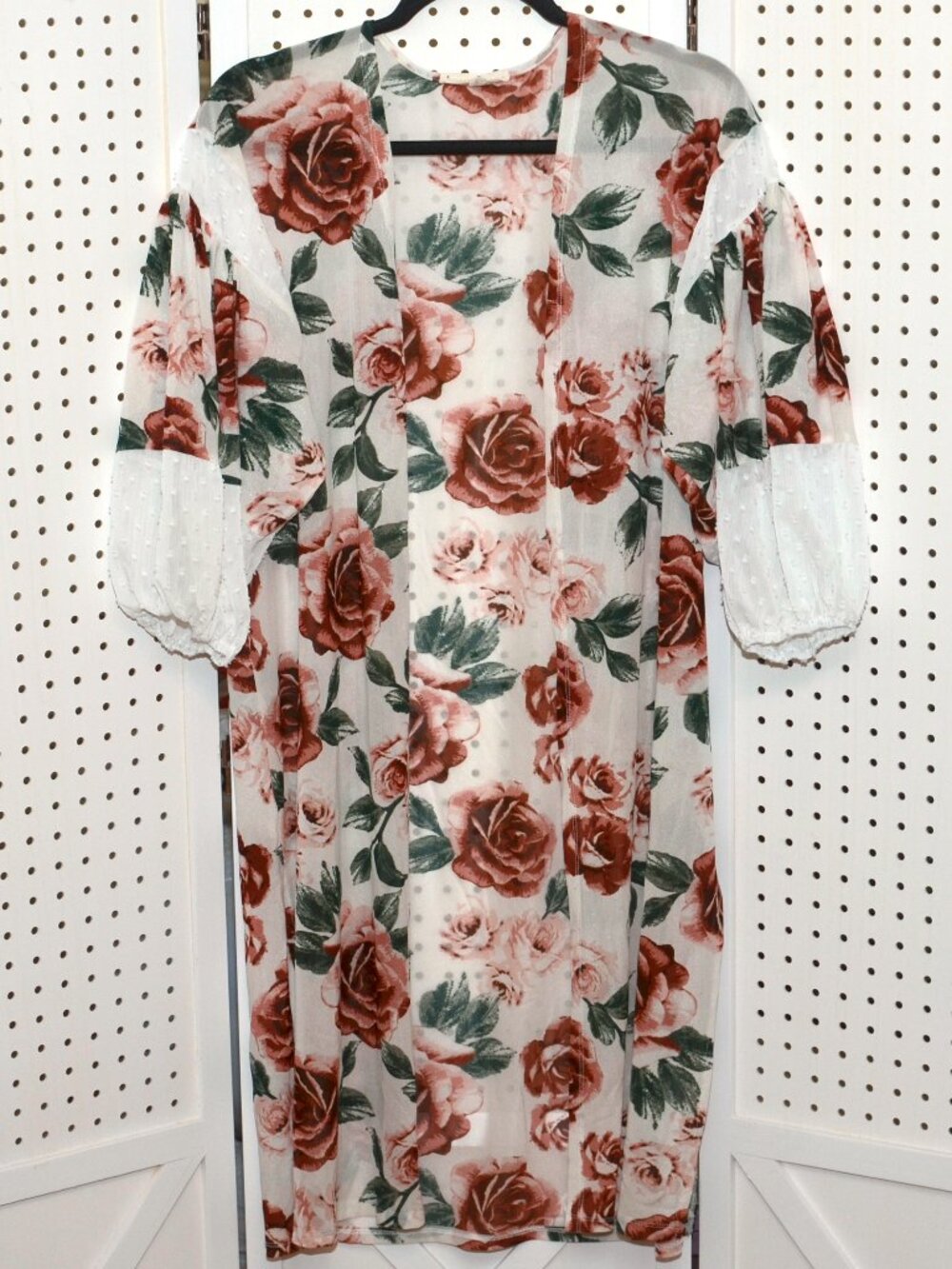 Long Rose Floral Silky Open Front Duster Kimono With Balloon Sleeves - Medium